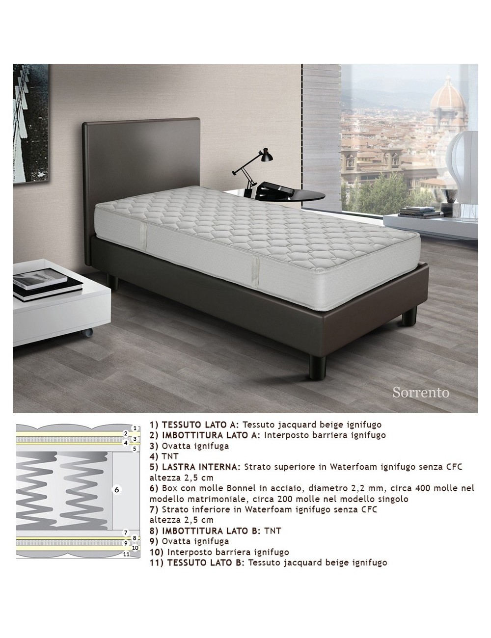 Materasso ignifugo  molle rigido h 23 cm