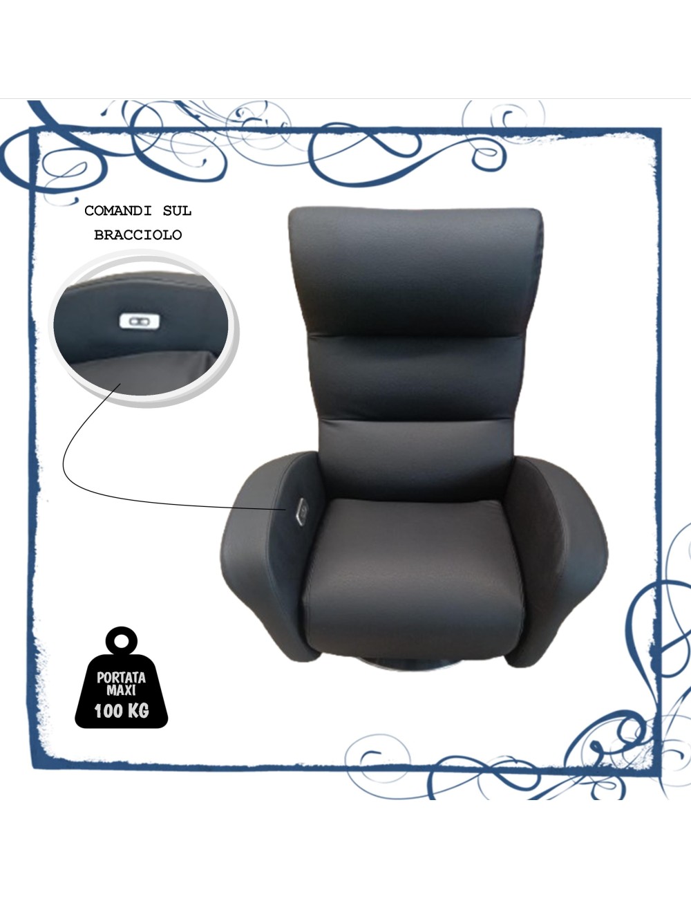 OCCASIONE Poltrona design a batteria ecopelle nero comandi su bracciolo