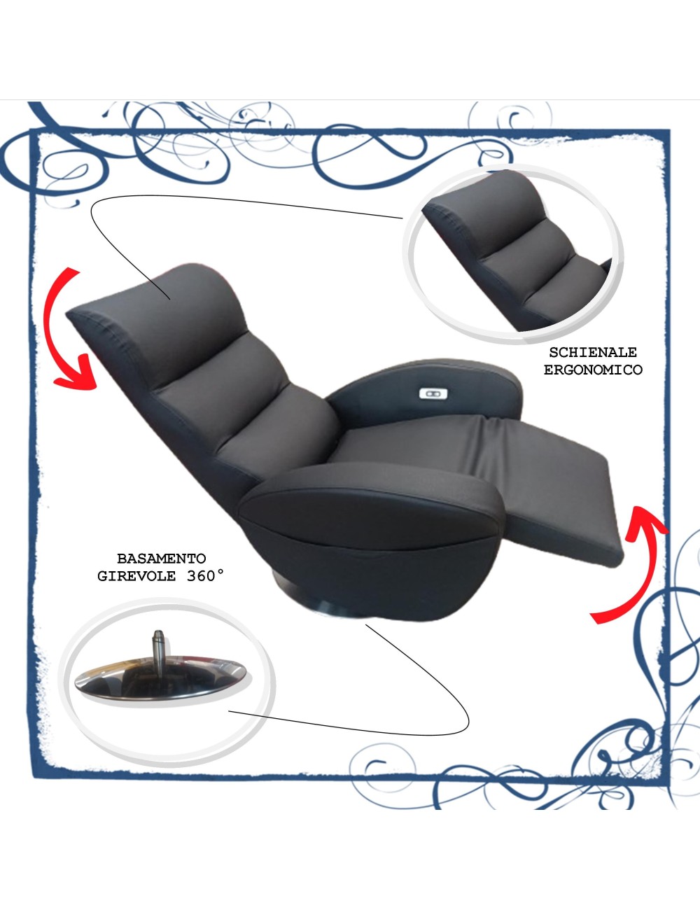 OCCASIONE Poltrona design a batteria ecopelle nero comandi su bracciolo