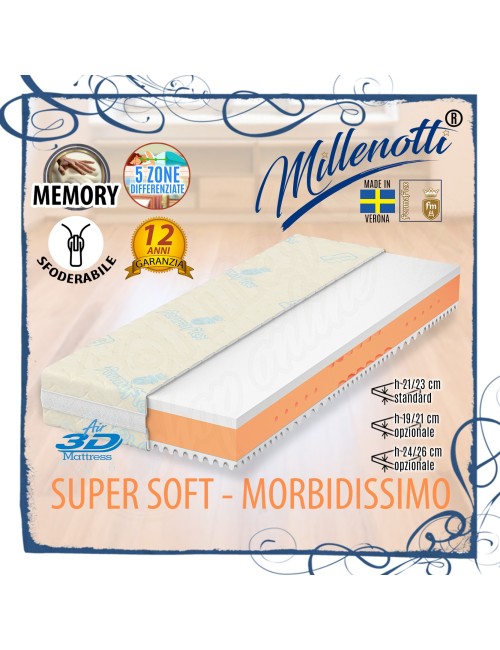 MILLENOTTI® Materasso Memory Base Super Soft morbidissimo su misura 5 zone