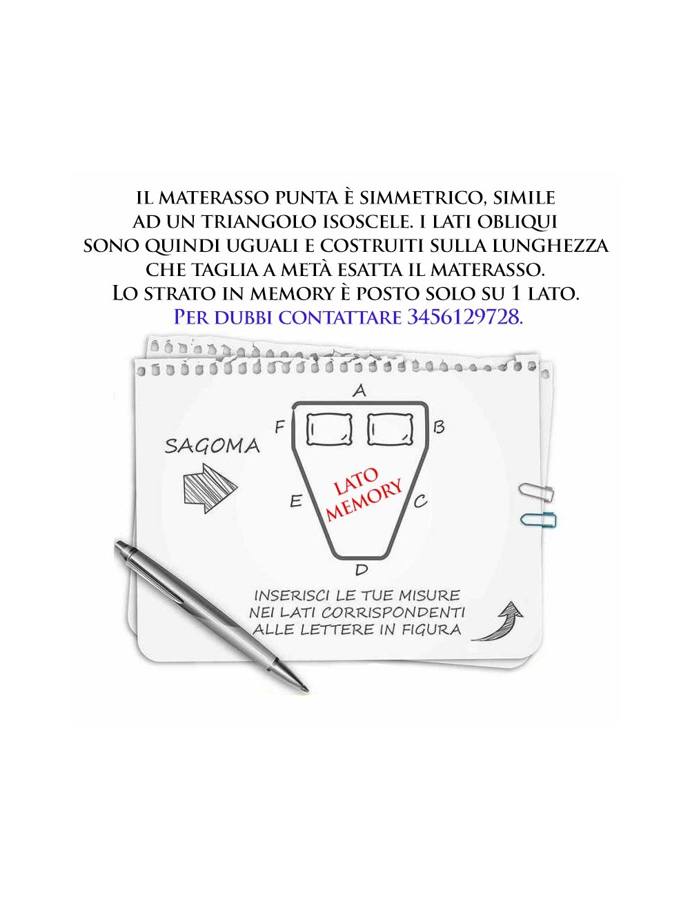 Materasso in memory sagomato PUNTA simmetrico camper barca su misura